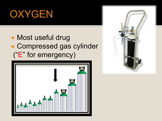  Most useful drug
 Compressed gas cylinder
(“E” for emergency)
 