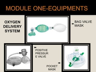 OXYGEN
DELIVERY
SYSTEM
BAG VALVE
MASK
POSITIVE
PRESSUR
E VALVE
POCKET
MASK
 