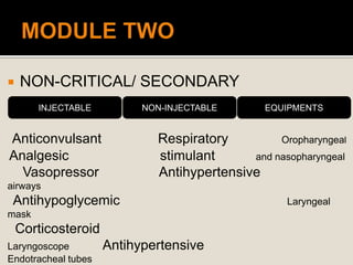  NON-CRITICAL/ SECONDARY
Anticonvulsant Respiratory Oropharyngeal
Analgesic stimulant and nasopharyngeal
Vasopressor Antihypertensive
airways
Antihypoglycemic Laryngeal
mask
Corticosteroid
Laryngoscope Antihypertensive
Endotracheal tubes
INJECTABLE NON-INJECTABLE EQUIPMENTS
 