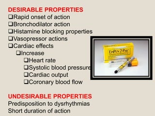 DESIRABLE PROPERTIES
Rapid onset of action
Bronchodilator action
Histamine blocking properties
Vasopressor actions
Cardiac effects
Increase
Heart rate
Systolic blood pressure
Cardiac output
Coronary blood flow
UNDESIRABLE PROPERTIES
Predisposition to dysrhythmias
Short duration of action
 