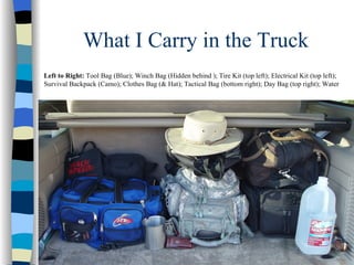 What to Carry in Your Vehicle
                          If you are watching what is going on –
                             you are ready before it hits the fan
Left to Right: Tool Bag (Blue); Winch Bag (Hidden behind ); Tire Kit (top left); Electrical Kit (top left);
Survival Backpack (Camo); Clothes Bag (& Hat); Tactical Bag (bottom right); Day Bag (top right); Water
 