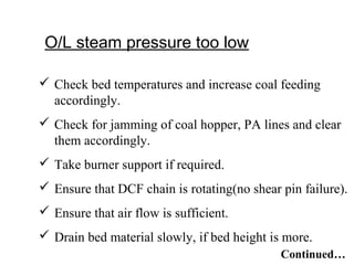 O/L steam pressure too low
 Check bed temperatures and increase coal feeding
accordingly.
 Check for jamming of coal hopper, PA lines and clear
them accordingly.
 Take burner support if required.
 Ensure that DCF chain is rotating(no shear pin failure).
 Ensure that air flow is sufficient.
 Drain bed material slowly, if bed height is more.
Continued…
 