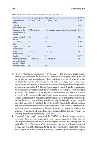 144 G. Alemanno et al.
Table 10.4 Outcome and follow-up in the study by Sgourakis et al.
Laparoscopic group Open group P value
Operstive time
(min)
67.78 ˙ 12.39 82.84 ˙ 21.08 <0.05
Presence of
hemorrhagic ﬂuid
8 7 0.885
Extension of the
operation (no. of
patients)
2 (2 resections) 4 (4 standard laparotomies, 2 resections) 0.413
Median hospital
stay (h)
28 34 0.044
Hospital stay over
36 h
3 9 0.108
Major
complications
0 4 (20 %) <0.05
Minor
complications
3 (14 %) 3 (15 %) 0.955
Deaths 0 2 0.157
Return to ordinary
and professional
activities (days)
17.28 ˙ 5.34 24.23 ˙ 9.14 0.017
Recurrent hernia 0 0 -
3. The new “hernia sac laparoscopy (hernioscopy)” that is a new mixed laparo-
scopic/open technique for incarcerated hernias, which spontaneously reduce
during the surgical manipulations. This technique consists of inserting a 10-
mm trocar through the internal inguinal ring and place a tight purse-string suture
on the hernia sac. Patient is placed in the Trendelenburg position and pneumo-
peritoneum is established. A 10-mm laparoscope is inserted for the inspection of
the incarcerated content and for the assessment of its viability (color, swelling,
peristalsis, and ischemia). A step-by-step exploration of the whole abdominal
cavity is to be subsequently performed. When detecting gangrenous hernia
content an additional 10-mm port in the ipsilateral lower abdomen quadrant helps
retrieve the hernia content through the internal inguinal ring by using a clamp for
ﬁxing the specimen. By pushing the hernia content through the internal inguinal
ring the laparoscope is simultaneously withdrawn. Alternatively, an open mini-
laparotomy may be performed at the site of the second trocar for retrieval and
resection. A randomized controlled study suggested that this was effective in
avoiding unnecessary laparotomy (Table 10.4) [10].
4. Combined “one stage” sequential TAPP/TEP. In this technique an intra-
peritoneal laparoscopic exploration and hernia reduction (followed by
mini-laparotomic bowel resection if necessary) is followed by a subsequent TEP
repair (Fig. 10.4). The results of the preliminary report suggest that this approach
is safe, feasible, and effective, offering an easy reduction of the hernia content
with a superb view for assessing its viability, followed by a standard TEP repair,
 