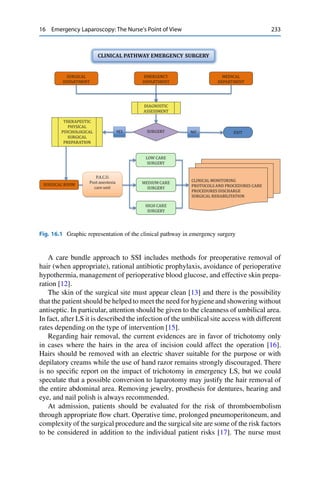16 Emergency Laparoscopy: The Nurse’s Point of View 233
CLINICAL PATHWAY EMERGENCY SURGERY
SURGICAL
DEPARTMENT
EMERGENCY
DEPARTMENT
MEDICAL
DEPARTMENT
DIAGNOSTIC
ASSESSMENT
SURGERY EXITNO
THERAPEUTIC
PHYSICAL
PSYCHOLOGICAL
SURGICAL
PREPARATION
YES
SURGICAL ROOM
LOW CARE
SURGERY
HIGH CARE
SURGERY
MEDIUM CARE
SURGERY
CLINICAL MONITORING
PROTOCOLS AND PROCEDURES CARE
PROCEDURES DISCHARGE
SURGICAL REHABILITATION
P.A.C.U.
Post anestesia
care unit
Fig. 16.1 Graphic representation of the clinical pathway in emergency surgery
A care bundle approach to SSI includes methods for preoperative removal of
hair (when appropriate), rational antibiotic prophylaxis, avoidance of perioperative
hypothermia, management of perioperative blood glucose, and effective skin prepa-
ration [12].
The skin of the surgical site must appear clean [13] and there is the possibility
that the patient should be helped to meet the need for hygiene and showering without
antiseptic. In particular, attention should be given to the cleanness of umbilical area.
In fact, after LS it is described the infection of the umbilical site access with different
rates depending on the type of intervention [15].
Regarding hair removal, the current evidences are in favor of trichotomy only
in cases where the hairs in the area of incision could affect the operation [16].
Hairs should be removed with an electric shaver suitable for the purpose or with
depilatory creams while the use of hand razor remains strongly discouraged. There
is no speciﬁc report on the impact of trichotomy in emergency LS, but we could
speculate that a possible conversion to laparotomy may justify the hair removal of
the entire abdominal area. Removing jewelry, prosthesis for dentures, hearing and
eye, and nail polish is always recommended.
At admission, patients should be evaluated for the risk of thromboembolism
through appropriate ﬂow chart. Operative time, prolonged pneumoperitoneum, and
complexity of the surgical procedure and the surgical site are some of the risk factors
to be considered in addition to the individual patient risks [17]. The nurse must
 