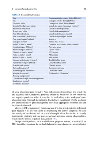 6 Nonspeciﬁc Abdominal Pain 75
Table 6.1 Baseline Data Collection
Age Does examination change during ED visit?
Sex Does pain resolve during ED visit?
Pulse rate initial Does patient vomit during ED visit?
Systolic blood pressure initial Urinalysis, leukocyte esterase positive?
Respiratory rate initial Urinalysis nitrite positive?
Temperature initial Urinalysis ketones positive?
Pain diffuselocalized Urinalysis leukocytes present?
Pain localization (if localized) Urinalysis erythrocytes present?
Pain onset (sudden/gradual) Venous pH
Does pain radiate? Venous base excess
Nausea in past 24 hours? Complete blood count, leukocyte count
Vomiting in past 24 hours? Amylase, serum
Anorexia in past 24 hours? Lipase, serum
Diarrhea in past 24 hours? AST, serum
Flatus in past 24 hours? ALT, serum
Melena in past 24 hours? ALP, serum
Hematochezia in past 24 hours? Total bilirubin, serum
Hematemesis in past 24 hours? Direct bilirubin, serum
Bowel sounds present? Glucose, serum
Rebound tenderness? Serum urea nitrogen
McBurney point tenderness? Creatinine, serum
Murphy sign present? AAS predicts UI required?
Rovsing sign present?
Costovertebral angle tenderness present?
Stool grossy bloody?
Stool heme positive?
of acute abdominal pain correctly. Plain radiography demonstrates low sensitivity
and accuracy and is, therefore, generally unhelpful; because of its low sensitivity
and negative predictive value, it can also be misleading in the workup of acute
abdominal pain. Although the radiation dose is lower than that of CT, the mediocre
test characteristics of plain radiography may delay appropriate treatment and are
therefore detrimental.
Moreover, CT is increasingly being used as a ﬁrst-line investigation in abdominal
pain because it is not only good at determining the correct diagnosis but also
the severity of the disease and its potential complications. It can also accurately
demonstrate clinically relevant unexpected and important second abnormalities,
which may be critical to patient management [16].
Except certain patients, such as children or pregnant women, in which US or
MRI should be considered the method of choice because of concerns about radiation
 