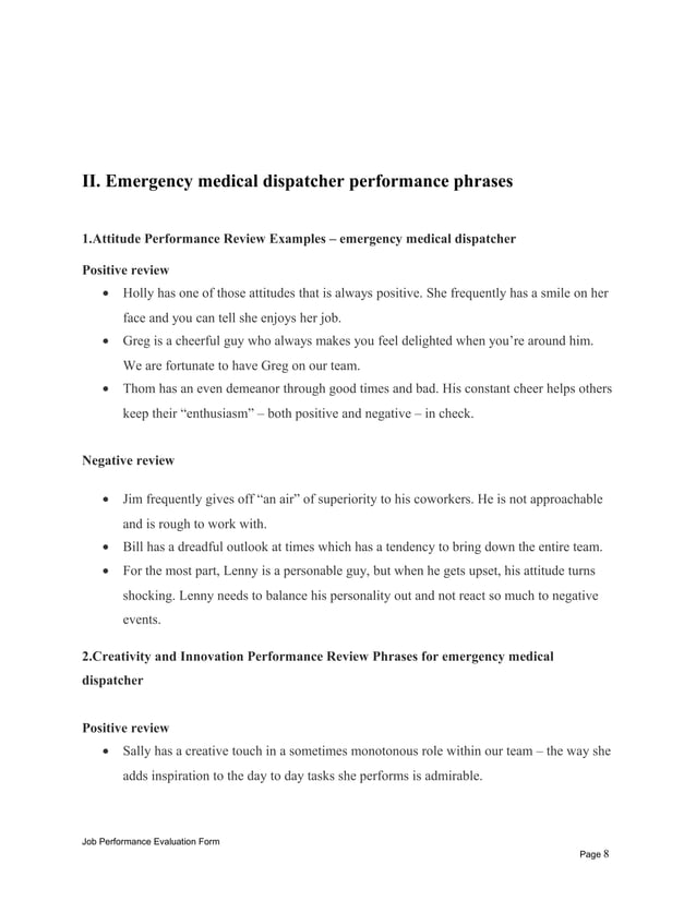 Emergency Dispatch Script Sample Emergency medical dispatcher performance appraisal | DOC