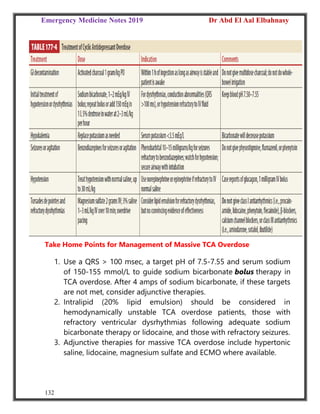 Emergency Medicine Notes 2019 Dr Abd El Aal Elbahnasy
132
Take Home Points for Management of Massive TCA Overdose
1. Use a QRS > 100 msec, a target pH of 7.5-7.55 and serum sodium
of 150-155 mmol/L to guide sodium bicarbonate bolus therapy in
TCA overdose. After 4 amps of sodium bicarbonate, if these targets
are not met, consider adjunctive therapies.
2. Intralipid (20% lipid emulsion) should be considered in
hemodynamically unstable TCA overdose patients, those with
refractory ventricular dysrhythmias following adequate sodium
bicarbonate therapy or lidocaine, and those with refractory seizures.
3. Adjunctive therapies for massive TCA overdose include hypertonic
saline, lidocaine, magnesium sulfate and ECMO where available.
 