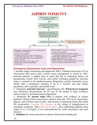 Emergency Medicine Notes 2019 Dr Abd El Aal Elbahnasy
141
ASPIRIN TOXICITY
Emergency Department Care and Disposition
1. Institute cardiac monitoring and support the ABCs. Establish intravenous (IV) or
intraosseous (IO) access early. Careful airway management is critical in ASA-
poisoned patients: a sudden drop in serum pH due to respiratory failure can
precipitously worsen ASA toxicity, and careful ventilation guided by acid-base
status is essential in the intubated patient. Respiratory acidosis frequently occurs
shortly after a mechanical ventilator is set to a “normal” rate and volume
parameters, and is typically a premorbid event.
2. Administer activated charcoal 1 gram/kilogram PO. Whole-bowel irrigation
may effectively decontaminate the GI tract in the setting of large overdoses,
enteric-coated, or sustained-release preparations.
3. Administer IV normal saline (NS) to patients with evidence of volume
depletion. During initial resuscitation, monitor urine pH, ASA level, electrolytes,
glucose, and acid-base status hourly. Add dextrose to parenteral fluids after initial
NS resuscitation. Consider 10% dextrose in the setting of hypoglycemia or
neurologic symptoms. Add potassium 40 mEq/L after establishing adequate urine
output (1 to 2 mL/kg/h), if not contraindicated by initial electrolytes and renal
function.
4. Alkalinize the serum and urine to enhance ASA protein binding and
 