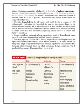 Emergency Medicine Notes 2019 Dr Abd El Aal Elbahnasy
142
urinary elimination: administer a bolus of 1 to 2 mEq/kg of sodium bicarbonate ,
then add 150 mEq (3 ampules) of sodium bicarbonate to 1 L 5% dextrose in water
and infuse at 1.5 to 2.0 times the patient’s maintenance rate; adjust the infusion to
maintain urine pH > 7.5 if possible. Bicarbonate may worsen hypokalemia and
precipitate arrhythmias.
5. Consider hemodialysis for all cases with ASA levels in excess of 100
milligrams/dL. Indications for hemodialysis may be significantly lower in the
setting of chronic toxicity (60 to 80 milligrams/dL). Also consider hemodialysis for
clinical deterioration despite supportive care and alkalinization, renal insufficiency
or failure, severe acid-base disturbance, improving clinical status. 4 to 6 hours until
the level is nontoxic.
6. Enteric-coated and sustained-release preparations result in delayed peak serum
levels (0 to 60 hours postingestion) and their ingestion requires.
7. Discharge a patient from the ED if there is progressive clinical improvement, no
significant acid-base abnormality, and a decline in serial ASA levels toward the
therapeutic range. In deliberate overdoses, obtain a psychiatric consultation before
discharge. altered mental status, or adult respiratory distress syndrome. Check
serial ASA levels every 2 hours until they begin to fall
 