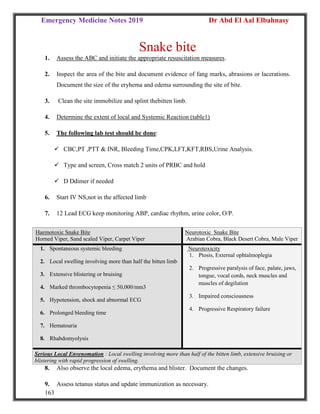 Emergency Medicine Notes 2019 Dr Abd El Aal Elbahnasy
163
Snake bite
1. Assess the ABC and initiate the appropriate resuscitation measures.
2. Inspect the area of the bite and document evidence of fang marks, abrasions or lacerations.
Document the size of the eryhema and edema surrounding the site of bite.
3. Clean the site immobilize and splint thebitten limb.
4. Determine the extent of local and Systemic Reaction (table1)
5. The following lab test should be done:
 CBC,PT ,PTT & INR, Bleeding Time,CPK,LFT,KFT,RBS,Urine Analysis.
 Type and screen, Cross match 2 units of PRBC and hold
 D Ddimer if needed
6. Start IV NS,not in the affected limb
7. 12 Lead ECG keep monitoring ABP, cardiac rhythm, urine color, O/P.
8. Also observe the local edema, erythema and blister. Document the changes.
9. Assess tetanus status and update immunization as necessary.
Haemotoxic Snake Bite
Horned Viper, Sand scaled Viper, Carpet Viper
Neurotoxic Snake Bite
Arabian Cobra, Black Desert Cobra, Male Viper
1. Spontaneous systemic bleeding
2. Local swelling involving more than half the bitten limb
3. Extensive blistering or bruising
4. Marked thrombocytopenia ≤ 50,000/mm3
5. Hypotension, shock and abnormal ECG
6. Prolonged bleeding time
7. Hematouria
8. Rhabdomyolysis
Neurotoxicity
1. Ptosis, External ophtalmoplegia
2. Progressive paralysis of face, palate, jaws,
tongue, vocal cords, neck muscles and
muscles of degilution
3. Impaired consciousness
4. Progressive Respiratory failure
Serious Local Envenomation : Local swelling involving more than half of the bitten limb, extensive bruising or
blistering with rapid progression of swelling.
 