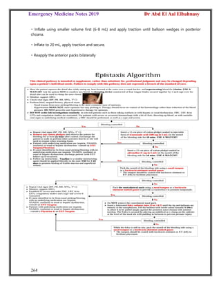 Emergency Medicine Notes 2019 Dr Abd El Aal Elbahnasy
264
Inflate using smaller volume first (6-8 mL) and apply traction until balloon wedges in posterior
choana.
Inflate to 20 mL, apply traction and secure.
Reapply the anterior packs bilaterally
 