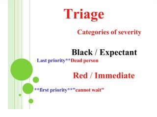 Triage
Categories of severity
Black / Expectant
–Last priority**Dead person
Red / Immediate
**first priority**"cannot wait"
 