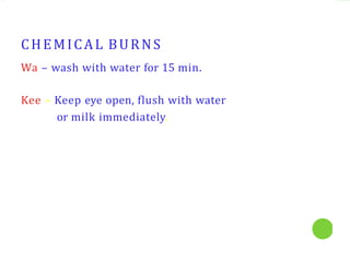 CHEMICAL BURNS
Wa – wash with water for 15 min.
Kee – Keep eye open, flush with water
or milk immediately.
 