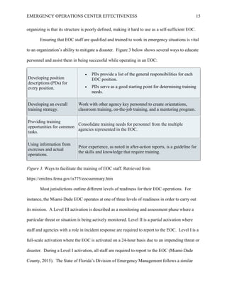 EMERGENCY OPERATIONS CENTER EFFECTIVENESS 15
organizing is that its structure is poorly defined, making it hard to use as a self-sufficient EOC.
Ensuring that EOC staff are qualified and trained to work in emergency situations is vital
to an organization’s ability to mitigate a disaster. Figure 3 below shows several ways to educate
personnel and assist them in being successful while operating in an EOC:
Developing position
descriptions (PDs) for
every position.
• PDs provide a list of the general responsibilities for each
EOC position.
• PDs serve as a good starting point for determining training
needs.
Developing an overall
training strategy.
Work with other agency key personnel to create orientations,
classroom training, on-the-job training, and a mentoring program.
Providing training
opportunities for common
tasks.
Consolidate training needs for personnel from the multiple
agencies represented in the EOC.
Using information from
exercises and actual
operations.
Prior experience, as noted in after-action reports, is a guideline for
the skills and knowledge that require training.
Figure 3. Ways to facilitate the training of EOC staff. Retrieved from
https://emilms.fema.gov/is775/eocsummary.htm
Most jurisdictions outline different levels of readiness for their EOC operations. For
instance, the Miami-Dade EOC operates at one of three levels of readiness in order to carry out
its mission. A Level III activation is described as a monitoring and assessment phase where a
particular threat or situation is being actively monitored. Level II is a partial activation where
staff and agencies with a role in incident response are required to report to the EOC. Level I is a
full-scale activation where the EOC is activated on a 24-hour basis due to an impending threat or
disaster. During a Level I activation, all staff are required to report to the EOC (Miami-Dade
County, 2015). The State of Florida’s Division of Emergency Management follows a similar
 