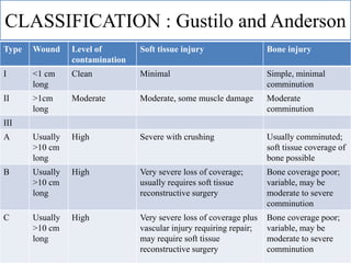 Type Wound Level of
contamination
Soft tissue injury Bone injury
I <1 cm
long
Clean Minimal Simple, minimal
comminution
II >1cm
long
Moderate Moderate, some muscle damage Moderate
comminution
III
A Usually
>10 cm
long
High Severe with crushing Usually comminuted;
soft tissue coverage of
bone possible
B Usually
>10 cm
long
High Very severe loss of coverage;
usually requires soft tissue
reconstructive surgery
Bone coverage poor;
variable, may be
moderate to severe
comminution
C Usually
>10 cm
long
High Very severe loss of coverage plus
vascular injury requiring repair;
may require soft tissue
reconstructive surgery
Bone coverage poor;
variable, may be
moderate to severe
comminution
CLASSIFICATION : Gustilo and Anderson
 