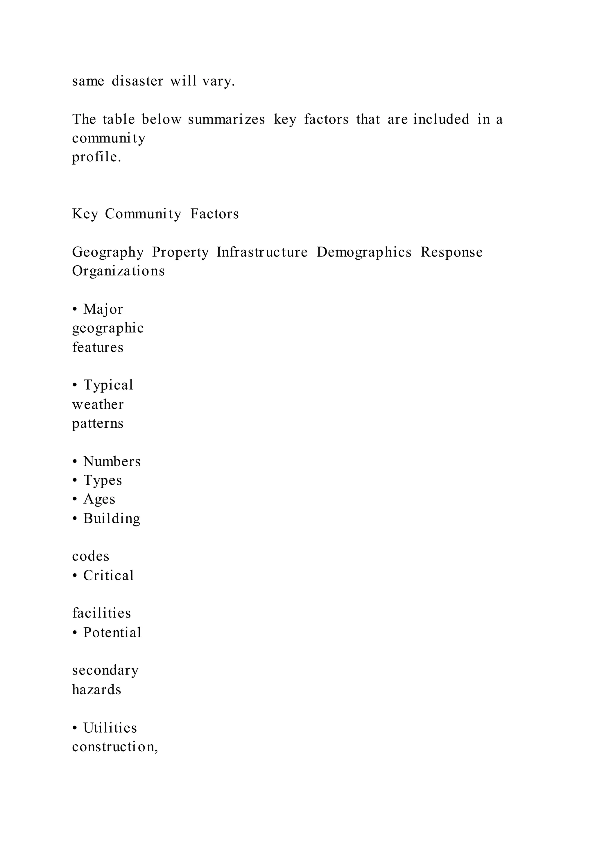 same disaster will vary.
The table below summarizes key factors that are included in a
community
profile.
Key Community Factors
Geography Property Infrastructure Demographics Response
Organizations
• Major
geographic
features
• Typical
weather
patterns
• Numbers
• Types
• Ages
• Building
codes
• Critical
facilities
• Potential
secondary
hazards
• Utilities
construction,
 