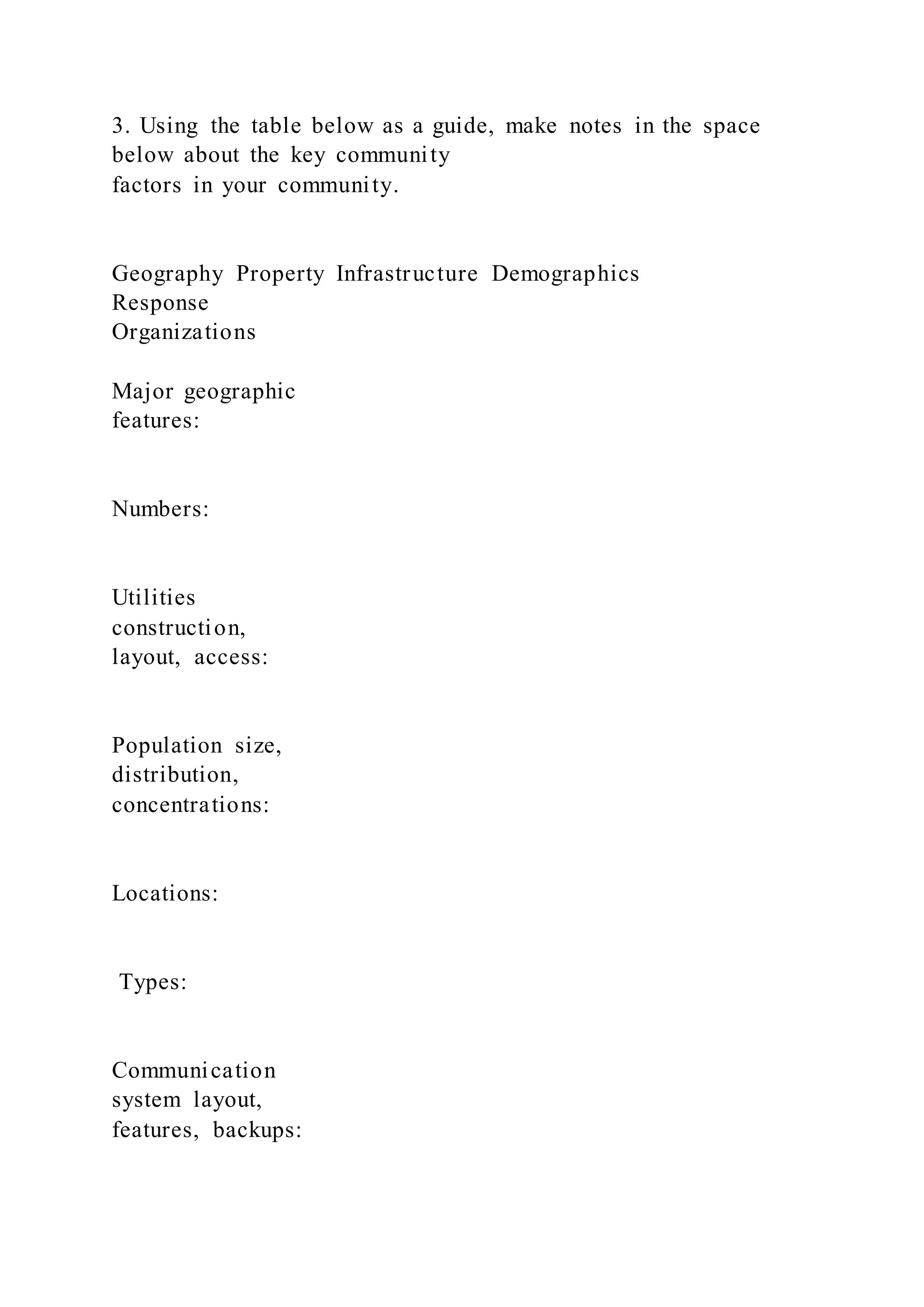 3. Using the table below as a guide, make notes in the space
below about the key community
factors in your community.
Geography Property Infrastructure Demographics
Response
Organizations
Major geographic
features:
Numbers:
Utilities
construction,
layout, access:
Population size,
distribution,
concentrations:
Locations:
Types:
Communication
system layout,
features, backups:
 