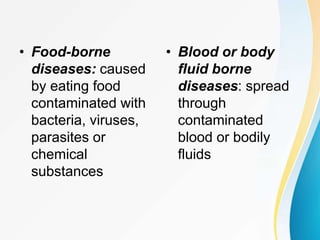 • Food-borne
diseases: caused
by eating food
contaminated with
bacteria, viruses,
parasites or
chemical
substances
• Blood or body
fluid borne
diseases: spread
through
contaminated
blood or bodily
fluids
 