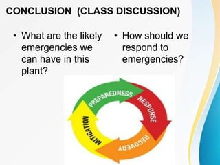 CONCLUSION (CLASS DISCUSSION)
• What are the likely
emergencies we
can have in this
plant?
• How should we
respond to
emergencies?
 
