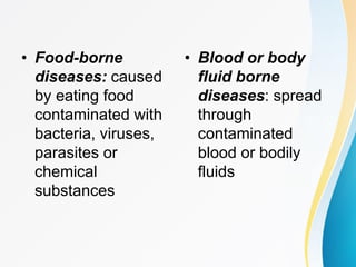 • Food-borne
diseases: caused
by eating food
contaminated with
bacteria, viruses,
parasites or
chemical
substances
• Blood or body
fluid borne
diseases: spread
through
contaminated
blood or bodily
fluids
 
