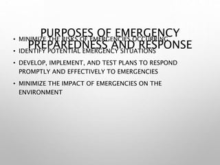 PURPOSES OF EMERGENCY
PREPAREDNESS AND RESPONSE
• MINIMIZE THE RISKS OF EMERGENCIES OCCURRING
• IDENTIFY POTENTIAL EMERGENCY SITUATIONS
• DEVELOP, IMPLEMENT, AND TEST PLANS TO RESPOND
PROMPTLY AND EFFECTIVELY TO EMERGENCIES
• MINIMIZE THE IMPACT OF EMERGENCIES ON THE
ENVIRONMENT
 