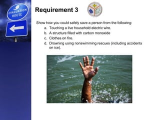Requirement 3
Show how you could safely save a person from the following:
a. Touching a live household electric wire.
b. A structure filled with carbon monoxide
c. Clothes on fire.
d. Drowning using nonswimming rescues (including accidents
on ice).
 