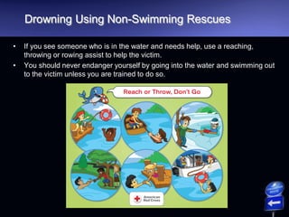Drowning Using Non-Swimming Rescues
• If you see someone who is in the water and needs help, use a reaching,
throwing or rowing assist to help the victim.
• You should never endanger yourself by going into the water and swimming out
to the victim unless you are trained to do so.
 