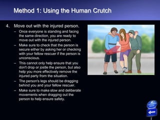 Method 1: Using the Human Crutch
4. Move out with the injured person.
– Once everyone is standing and facing
the same direction, you are ready to
move out with the injured person.
– Make sure to check that the person is
secure either by asking her or checking
with your fellow rescuer if the person is
unconscious.
– This cannot only help ensure that you
don't drop or jostle the person, but also
help you more effectively remove the
injured party from the situation.
– The person's legs should be dragging
behind you and your fellow rescuer.
– Make sure to make slow and deliberate
movements when dragging out the
person to help ensure safety.
 