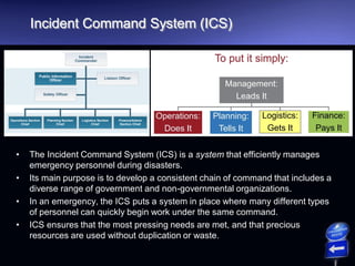 Incident Command System (ICS)
• The Incident Command System (ICS) is a system that efficiently manages
emergency personnel during disasters.
• Its main purpose is to develop a consistent chain of command that includes a
diverse range of government and non-governmental organizations.
• In an emergency, the ICS puts a system in place where many different types
of personnel can quickly begin work under the same command.
• ICS ensures that the most pressing needs are met, and that precious
resources are used without duplication or waste.
 