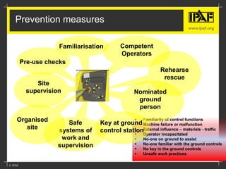  Familiarity of control functions
 Machine failure or malfunction
 External influence – materials - traffic
 Operator incapacitated
 No-one on ground to assist
 No-one familiar with the ground controls
 No key in the ground controls
 Unsafe work practices
Prevention measures
Nominated
ground
person
Safe
systems of
work and
supervision
Familiarisation
Rehearse
rescue
Pre-use checks
Site
supervision
Competent
Operators
Key at ground
control station
Organised
site
 