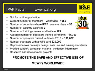  Not for profit organisation
 Current number of members – worldwide - 1055
 Number of countries where IPAF have members – 55
 Number of Country Councils 9
 Number of training centres worldwide – 573
 Average number of operators trained per month – 11,700
 Number of operators trained to date in 2015 – 130,657
 Number operators with a valid card 620,000
 Representatives on major design, safe use and training standards
 Provide support, campaign material, guidance, information
 Research and development projects
PROMOTE THE SAFE AND EFFECTIVE USE OF
MEWPs WORLDWIDE
IPAF Facts www.ipaf.org
 
