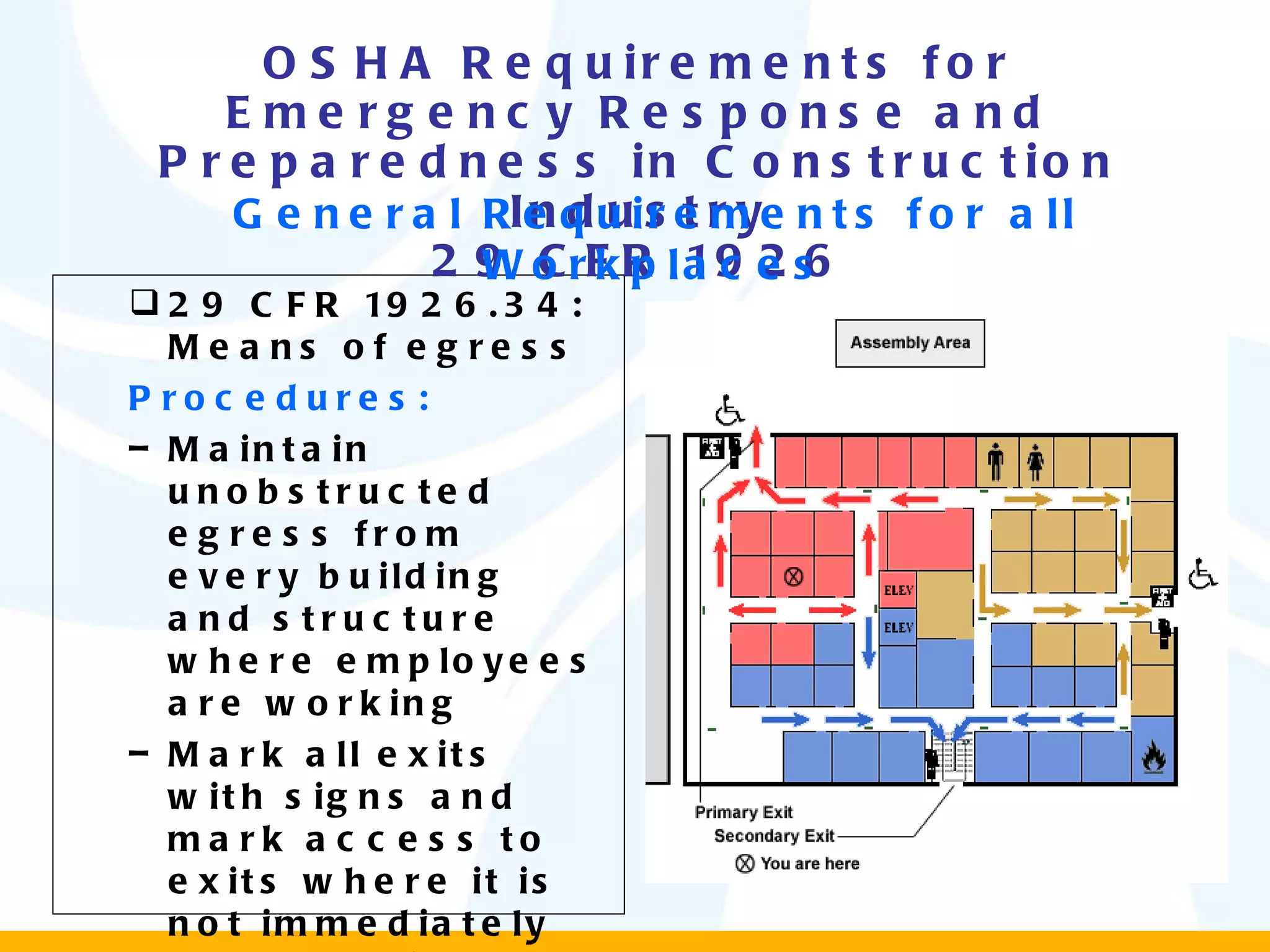 29 CFR 1926.34: Means of egress Procedures: Maintain unobstructed egress from every building and structure where employees are working Mark all exits with signs and mark access to exits where it is not immediately apparent how to exit OSHA Requirements for Emergency Response and Preparedness in Construction Industry 29 CFR 1926 General Requirements for all Workplaces 