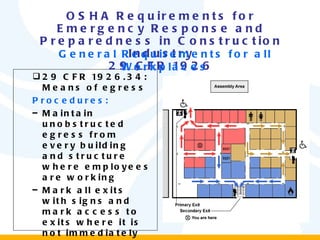 29 CFR 1926.34: Means of egress Procedures: Maintain unobstructed egress from every building and structure where employees are working Mark all exits with signs and mark access to exits where it is not immediately apparent how to exit OSHA Requirements for Emergency Response and Preparedness in Construction Industry 29 CFR 1926 General Requirements for all Workplaces 