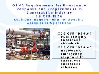 OSHA Requirements for Emergency Response and Preparedness in Construction Industry 29 CFR 1926 Additional Requirements for Specific Workplaces/Operations 29 CFR 1926.64: PSM of highly hazardous chemicals 29 CFR 1926.65: HazWoper, Emergency response to hazardous substance releases 