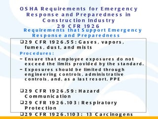 OSHA Requirements for Emergency Response and Preparedness in Construction Industry 29 CFR 1926 Requirements that Support Emergency Response and Preparedness  29 CFR 1926.55: Gases, vapors, fumes, dust, and mists Procedures: Ensure that employee exposures do not exceed the limits provided by the standard. Exposures should be limited through engineering controls, administrative controls, and, as a last resort, PPE 29 CFR 1926.59: Hazard Communication 29 CFR 1926.103: Respiratory Protection 29 CFR 1926.1103:  13 Carcinogens 29 CFR1926.1117: Vinyl chloride 