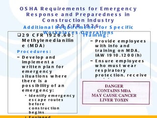 OSHA Requirements for Emergency Response and Preparedness in Construction Industry 29 CFR 1926 Additional Requirements for Specific Workplaces/Operations 29 CFR 1926.60: Methylenedianiline (MDA) Procedures: Develop and implement a written plan for emergency situations where there is a possibility of an emergency: Identify emergency escape routes before construction begins Equipped employees with PPE and clothing until emergency is abated Include elements prescribed in 1910.38 and 1910.39 Training: Provide employees with info and training on MDA, IAW 1910.1200(h) Ensure employees who must wear respiratory protection, receive training as per 1910.134 