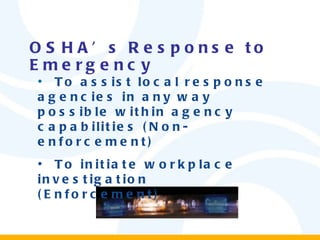 OSHA’s Response to   Emergency  To assist local response agencies in any way possible within agency capabilities (Non-enforcement) To initiate workplace investigation (Enforcement) 