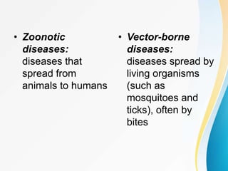 • Zoonotic
diseases:
diseases that
spread from
animals to humans
• Vector-borne
diseases:
diseases spread by
living organisms
(such as
mosquitoes and
ticks), often by
bites
 
