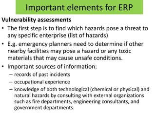 Important elements for ERP
Vulnerability assessments
• The first step is to find which hazards pose a threat to
  any specific enterprise (list of hazards)
• E.g. emergency planners need to determine if other
  nearby facilities may pose a hazard or any toxic
  materials that may cause unsafe conditions.
• Important sources of information:
   – records of past incidents
   – occupational experience
   – knowledge of both technological (chemical or physical) and
     natural hazards by consulting with external organizations
     such as fire departments, engineering consultants, and
     government departments.
 