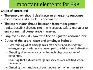 Important elements for ERP
Chain of command
• The employer should designate an emergency response
  coordinator and a backup coordinator.
• The coordinator should be drawn from management
  ranks, possibly the engineering manager, safety manager or
  environmental compliance manager.
• Employees should know who the designated coordinator is.
• Duties of the coordinator and employer include:
   – Determining what emergencies may occur and seeing that
     emergency procedures are developed to address each situation.
   – Directing all emergency activities including evacuation of
     personnel.
   – Ensuring that outside emergency services are notified when
     necessary.
   – Directing the shutdown of plant operations when necessary
 