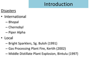 Introduction
Disasters
• International
  – Bhopal
  – Chernobyl
  – Piper Alpha
• Local
  – Bright Sparklers, Sg. Buloh (1991)
  – Gas Processing Plant Fire, Kertih (2002)
  – Middle Distillate Plant Explosion, Bintulu (1997)
 