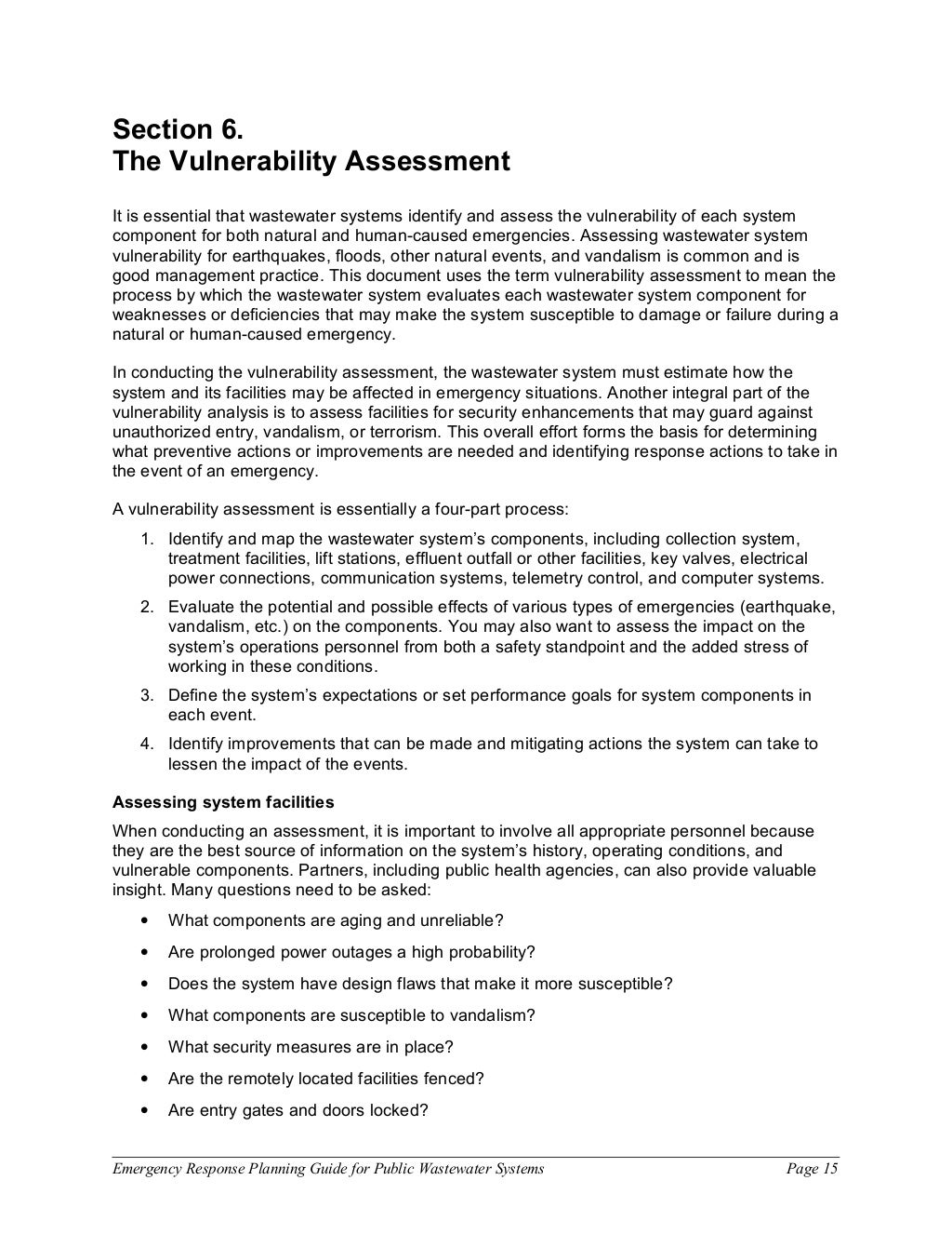 Emergency response planning guide for public wastewater syst