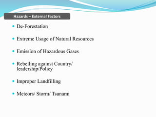  De-Forestation
 Extreme Usage of Natural Resources
 Emission of Hazardous Gases
 Rebelling against Country/
leadership/Policy
 Improper Landfilling
 Meteors/ Storm/ Tsunami
Hazards – External Factors
 