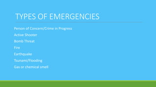 TYPES OF EMERGENCIES
Person of Concern/Crime in Progress
Active Shooter
Bomb Threat
Fire
Earthquake
Tsunami/Flooding
Gas or chemical smell
 