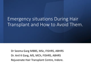 Emergency situations During Hair
Transplant and How to Avoid Them.
Dr Seema Garg MBBS, MSc, FISHRS, ABHRS
Dr. Anil K Garg, MS, MCh, FISHRS, ABHRS
Rejuvenate Hair Transplant Centre, Indore.
 