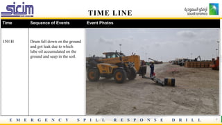 E M E R G E N C Y S P I L L R E S P O N S E D R I L L 8
TIME LINE
Time Sequence of Events Event Photos
1501H Drum fell down on the ground
and got leak due to which
lube oil accumulated on the
ground and seep in the soil.
 