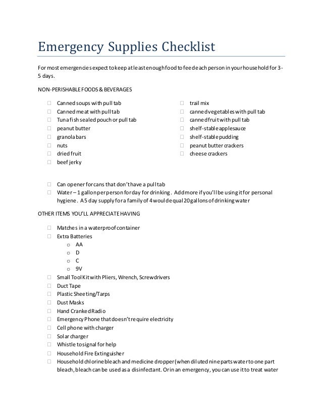 Emergency supplies checklist