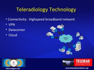 Teleradiology Technology
• Connectivity: Highspeed broadband network
• VPN
• Datacenter
• Cloud
 