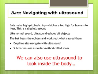 Bats make high-pitched chirps which are too high for humans to
hear. This is called ultrasound
Like normal sound, ultrasou...