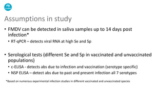 • FMDV can be detected in saliva samples up to 14 days post
infection*
• RT-qPCR – detects viral RNA at high Se and Sp
• Serological tests (different Se and Sp in vaccinated and unvaccinated
populations)
• c-ELISA - detects abs due to infection and vaccination (serotype specific)
• NSP ELISA – detect abs due to past and present infection all 7 serotypes
Assumptions in study
*Based on numerous experimental infection studies in different vaccinated and unvaccinated species
 